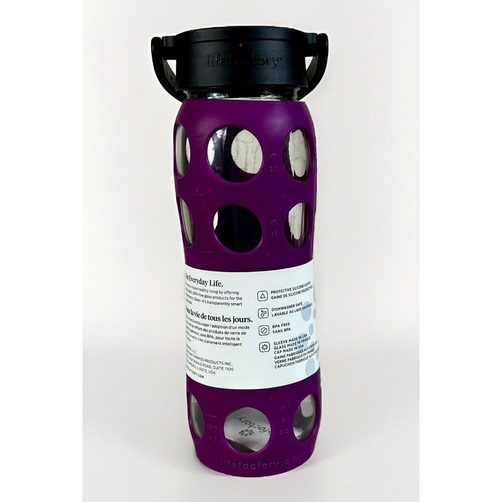 LIFEFACTORY 22 oz Glass Water Bottle With Silicone Sleeve Screw Top- Purple - Picture 4 of 5